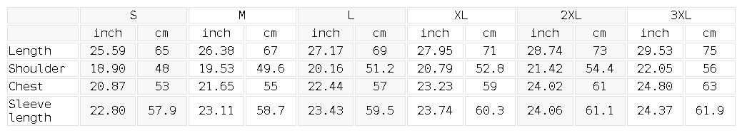 Size chart for the Unisex Paneled Full Zip Hoodie