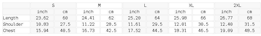 Size chart for the Unisex Performance Short Sleeve T-Shirt