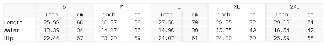 Size chart for the Unisex Plaid Drawstring Shorts