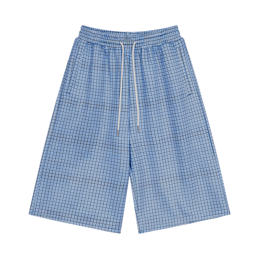 Unisex Plaid Drawstring Shorts in sky blue plaid