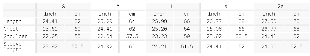 Size chart for the Unisex Plaid Panel Long Sleeve T-Shirt