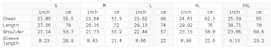 Size chart for the Unisex Pure Cotton T-Shirt
