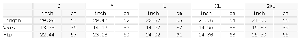 Size chart for the Unisex Rectangle Patch Monkey Washed Shorts