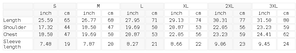 Size chart for the Unisex Seamless T-Shirt