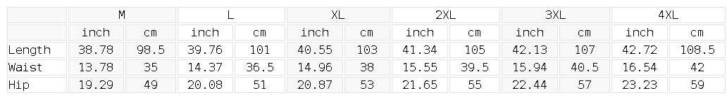 Size chart for the Unisex Side Stripe Running Pants