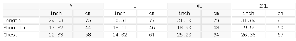 Size chart for the Unisex Snow Washed Frayed Hem Tank Top