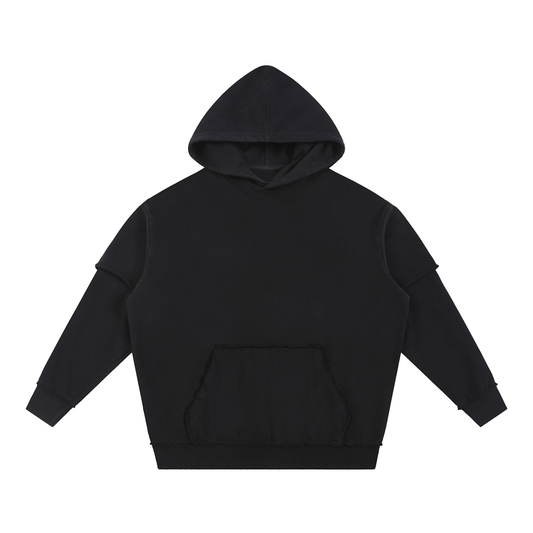 Unisex Snow Washed Raw Edge Double Layered Hoodie in black