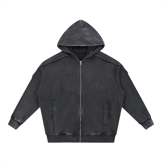 Unisex Snow Washed Tape Raw Edge Zip Hoodie in black