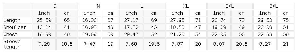 Size chart for the Unisex Sorona Crewneck T-Shirt