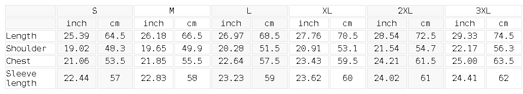 Size chart for the Unisex Stand Collar Full Zip Jacket