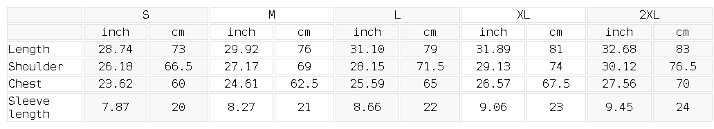 Size chart for the Unisex Striped Drop Shoulder Jersey