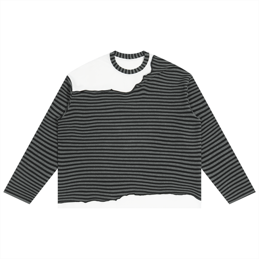 Unisex Striped Panel Boxy Long Sleeve T-Shirt in black with flower gray