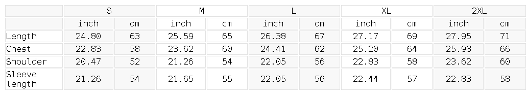 Size chart for the Unisex Striped Panel Boxy Long Sleeve T-Shirt