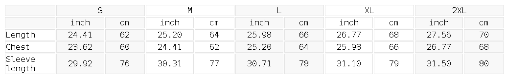 Size chart for the Unisex Striped Raglan Long Sleeve T-Shirt