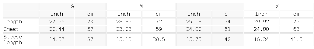 Size chart for the Unisex Striped Soccer Jersey