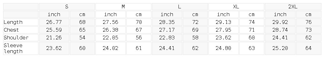 Size chart for the Unisex Sunfade Fleeced Sweatshirt