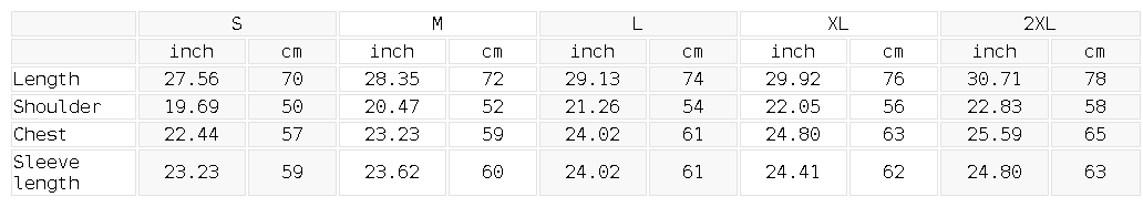 Size chart for the Unisex Sunfade Layer T-Shirt