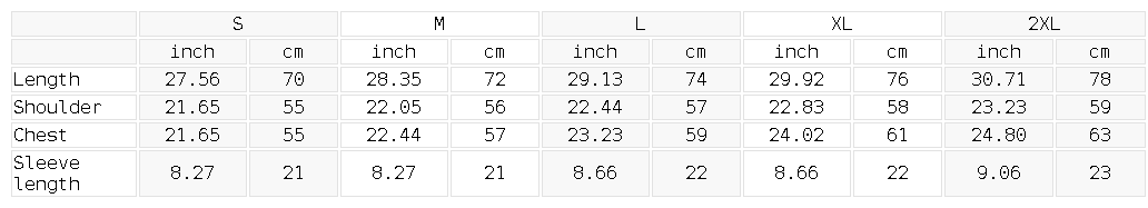 Size chart for the Unisex Sunfade Washed Drop Shoulder T-Shirt