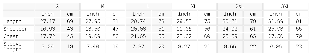 Size chart for the Unisex Thin Loose Fit Cotton T-Shirt
