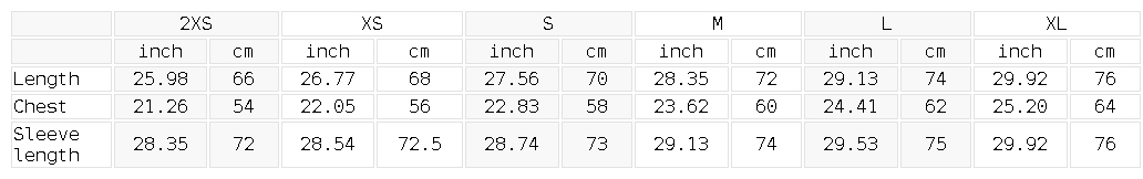 Size chart for the Unisex Two Tone Raglan Sleeve Varsity Jacket
