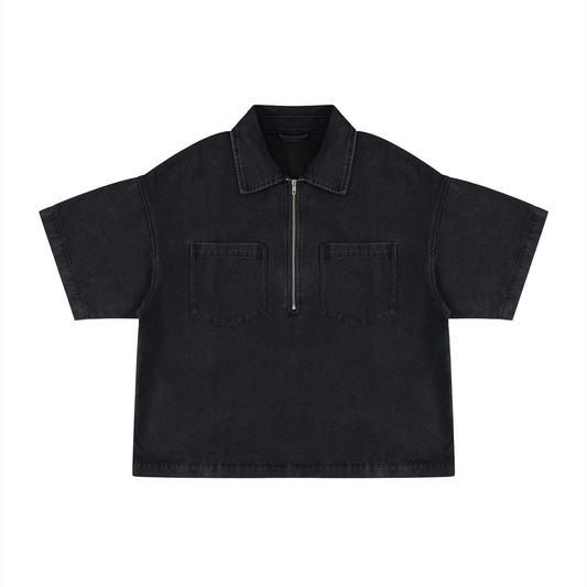 Unisex Vintage Wash Boxy Quarter-Zip Denim Shirt in black