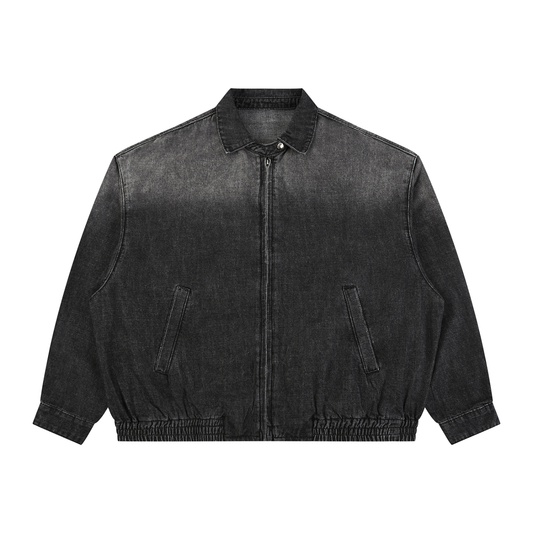 Unisex Vintage Wash Full-Zip Denim Jacket in black