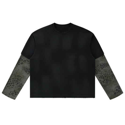 Unisex Vintage Wash Leopard Paneled Layer T-Shirt in black with leopard gray