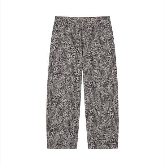 Unisex Vintage Wash Leopard Wide Leg Jeans in leopard gray