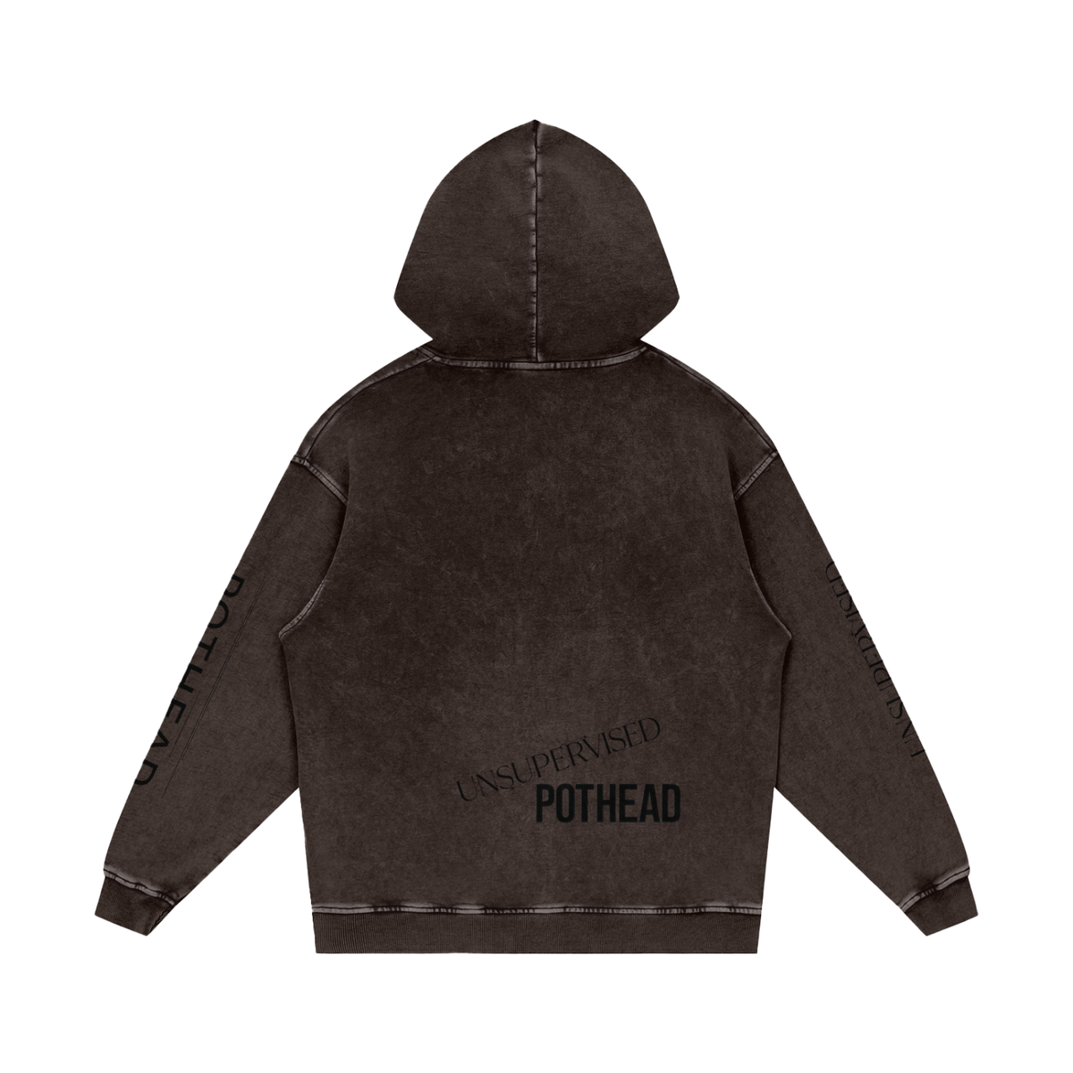 Dark brown snow wash oversized hoodie, back view with UNSUPERVISED over bold POTHEAD lettering