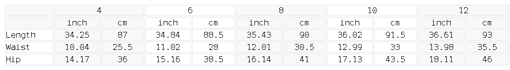 Size chart for the Women's Bodycon Ankle-Length Leggings