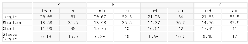 Size chart for the Women's Bodycon Nylon T-Shirt