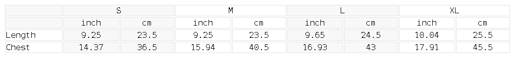 Size chart for the Women's Camo Cropped Tube Top