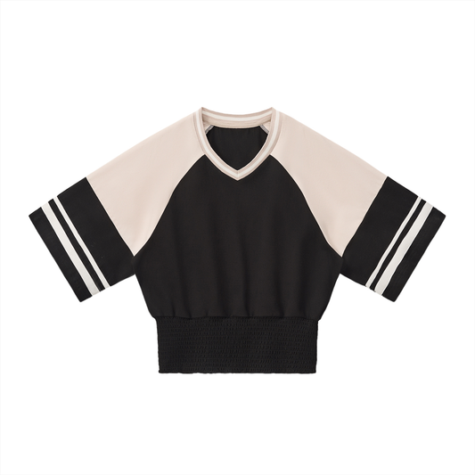 Women's Color Block Ruched T-Shirt in black with apricot
