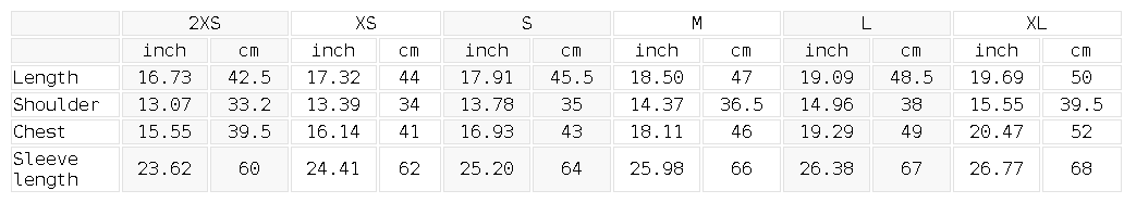 Size chart for the Women's Color Block Yoga Sports Jacket