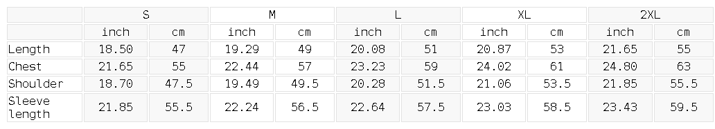Size chart for the Women's Crop Collared Sweatshirt