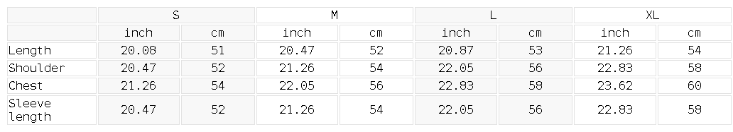 Size chart for the Women's Crop Full Zip Hoodie