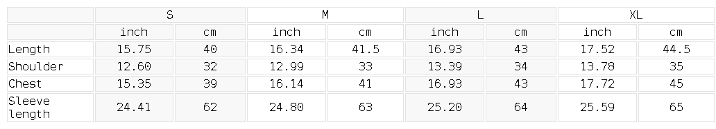 Size chart for the Women's Crop Yoga Sports Full Zip Jacket