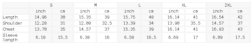 Size chart for the Women's Crop Yoga T-Shirt