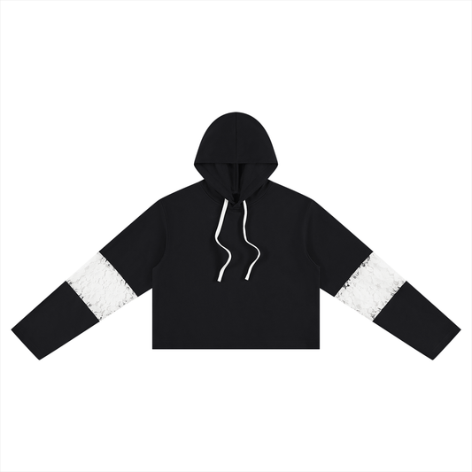 Women's Cropped Lace-Panel Hoodie in black