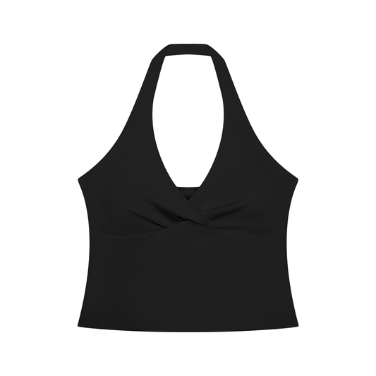 Women's Cross-Over Ruched Halter Yoga Tank Top in black