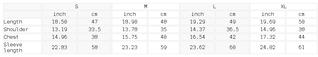 Size chart for the Women's Cutout Long Sleeve T-Shirt