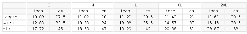 Size chart for the Women's Drawstring Shorts