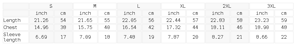 Size chart for the Women's Fitted Crewneck T-Shirt