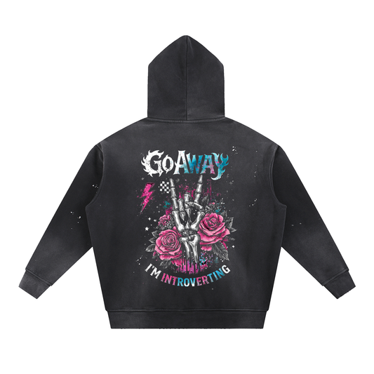 Women’s Go Away I’m Introverting Vintage-Wash Frayed Fleece Hoodie - Black