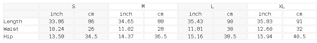 Size chart for the Women's High Rise Ankle Length Leggings