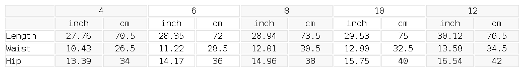 Size chart for the Women's High Waisted Yoga Capri Leggings