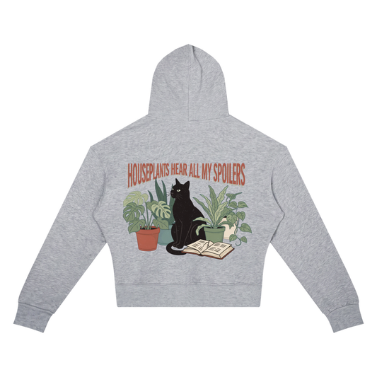 Women’s cropped drop-shoulder hoodie with a black cat beside houseplants and an open book, Houseplants Hear All My Spoilers back print