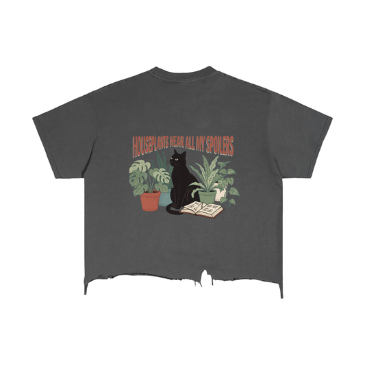 Unisex vintage-wash boxy tee with a distressed hem with a black cat beside houseplants and an open book, Houseplants Hear All My Spoilers back print