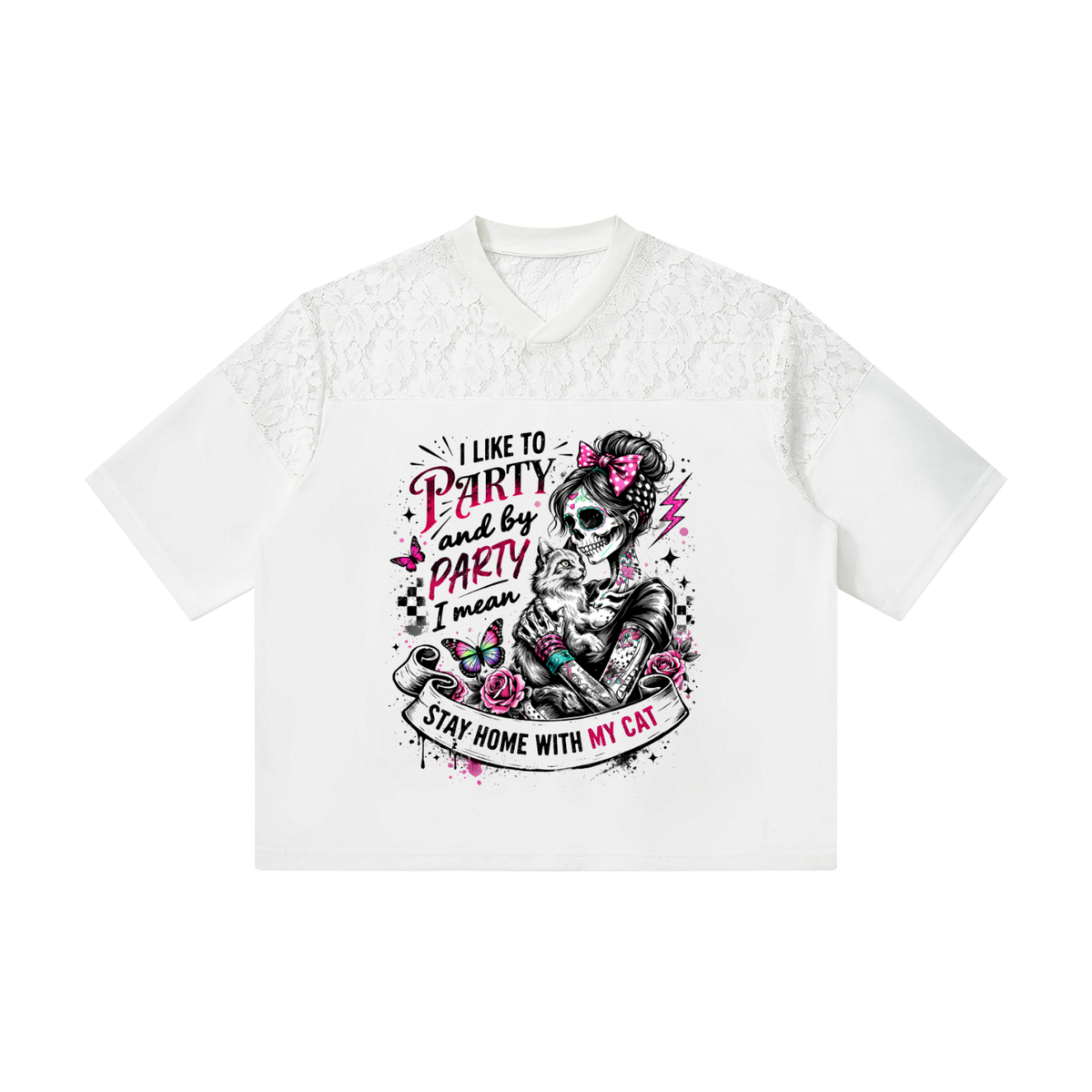 Women’s I Like to Party Lace-Panel V-Neck T-Shirt