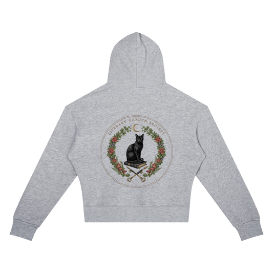 Women’s Literary Garden Society Cropped Drop-Shoulder Hoodie in gray with the black cat and roses crest, back print